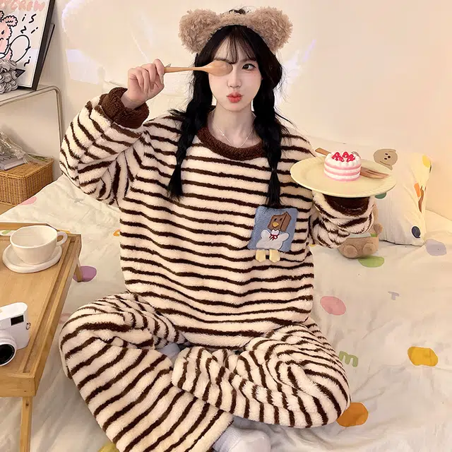 米囹 法兰绒冬季秋冬加厚加绒粉色毛绒学生冬天珊瑚绒家居服女睡衣套装 女款