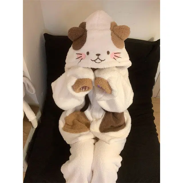 米囹 可爱小猫咪连帽珊瑚绒女冬季加绒加厚保暖冬天家居服睡衣套装 女款