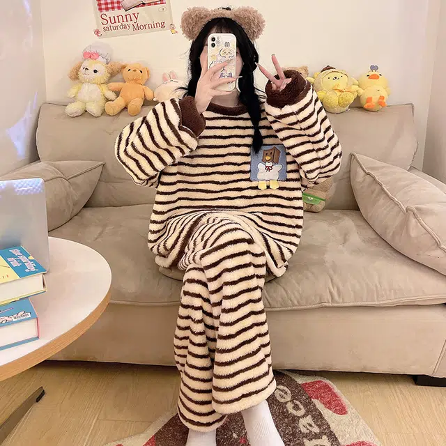 米囹 法兰绒冬季秋冬加厚加绒粉色毛绒学生冬天珊瑚绒家居服女睡衣套装 女款