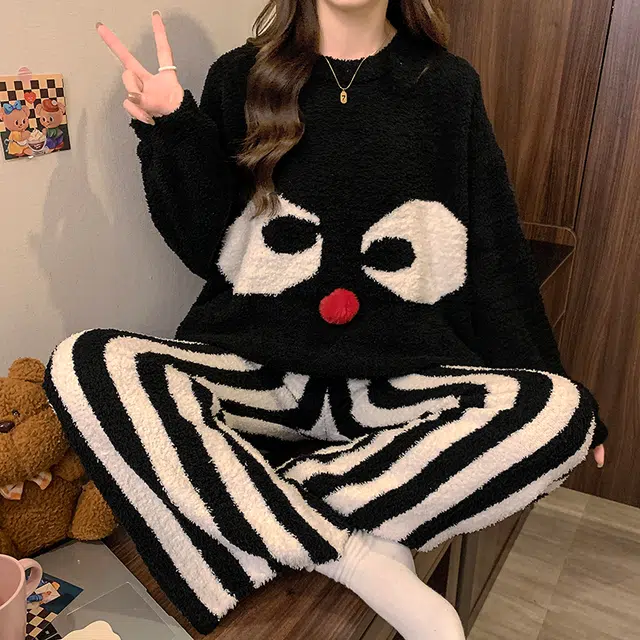 米囹 冬季圆领套头半边绒女卡通甜美保暖家居服两件套睡衣套装 女款