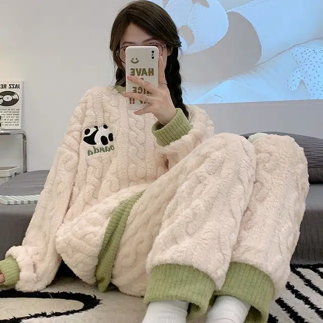 米囹 秋冬季女珊瑚绒加绒加厚简约休闲家居服款可外穿睡衣套装 女款