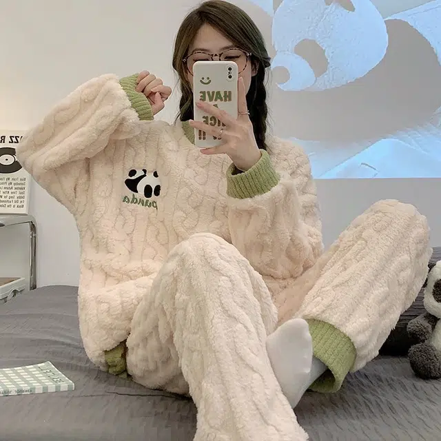 米囹 秋冬季女珊瑚绒加绒加厚简约休闲家居服款可外穿睡衣套装 女款