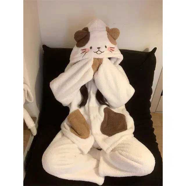 米囹 可爱小猫咪连帽珊瑚绒女冬季加绒加厚保暖冬天家居服睡衣套装 女款