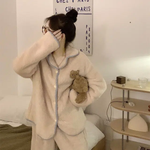 米囹 秋冬季珊瑚绒加绒加厚可外穿法兰绒家居服睡衣套装 女款