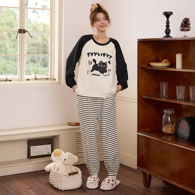 米囹 带胸垫女春秋季纯棉长袖薄款可爱卡通学生秋冬款家居服两件套睡衣套装 女款