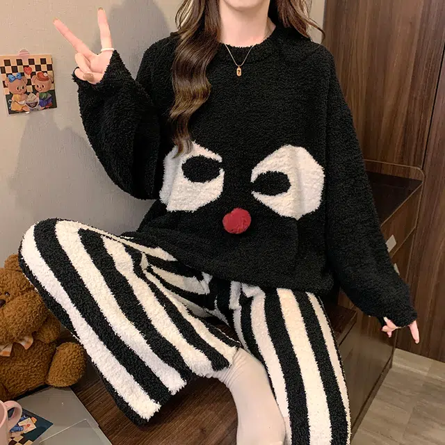 米囹 冬季圆领套头半边绒女卡通甜美保暖家居服两件套睡衣套装 女款