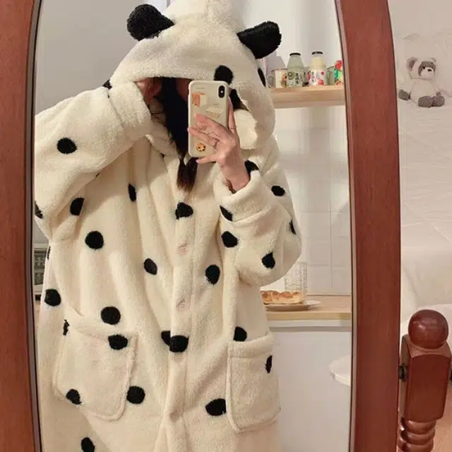 米囹 网红波点睡衣女冬季连帽卡通珊瑚绒加厚家居服睡袍 女款