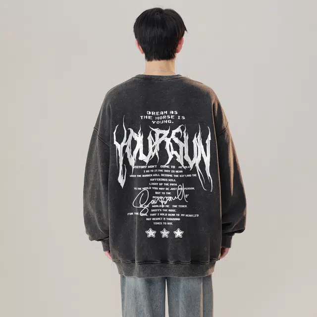 宜而爽 美式街头复古潮流创意纯色哥特字母印花水洗做旧宽松休闲落肩长袖上衣日常通勤百搭套头圆领卫衣 男女同款