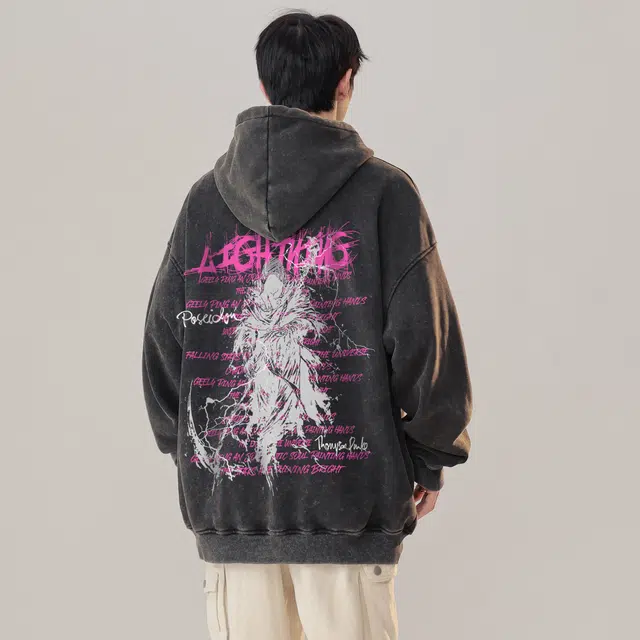 宜而爽 美式复古潮牌高街卡通创意漫画闪电死神图案字母印花宽松休闲运动日常通勤百搭落肩套头长袖上衣水洗做旧连帽卫衣 男女同款