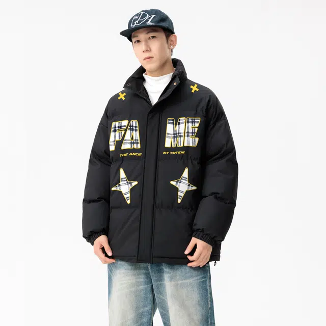 宜而爽 美式复古高街潮流学院风芒星帆布格子纹图案字母印花宽松休闲运动加厚保暖立领防风棉衣面包服外套日常通勤百搭棉服 男女同款