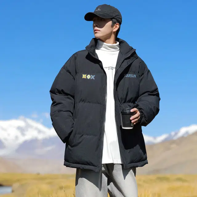 宜而爽 美式高街复古学院风仿刺绣花卉图案字母印花宽松休闲运动加厚保暖立领防风棉衣面包服外套日常通勤百搭棉服 男女同款