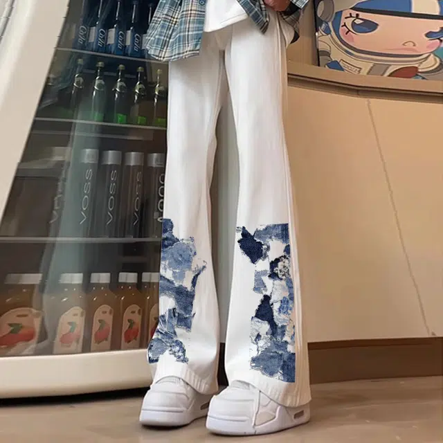 宜而爽 美式高街复古潮流嘻哈创意碎片拼接印花水洗做旧废土风高级感中腰显高显瘦直筒休闲长裤通勤宽松垂感阔腿微喇弯刀牛仔裤 男女同款