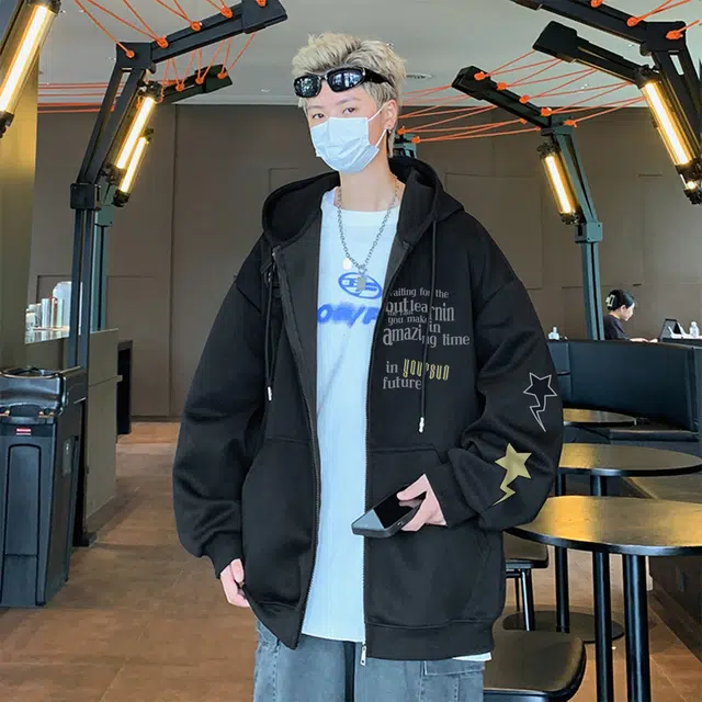 宜而爽 美式高街复古潮牌星星字母印花宽松舒适休闲抽绳落肩日常通勤百搭运动拉链长袖连帽开衫卫衣 男女同款
