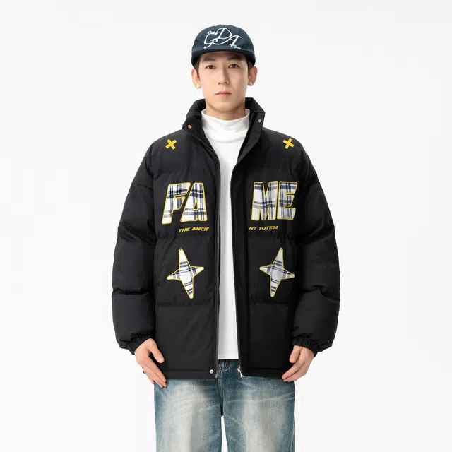 宜而爽 美式复古高街潮流学院风芒星帆布格子纹图案字母印花宽松休闲运动加厚保暖立领防风棉衣面包服外套日常通勤百搭棉服 男女同款