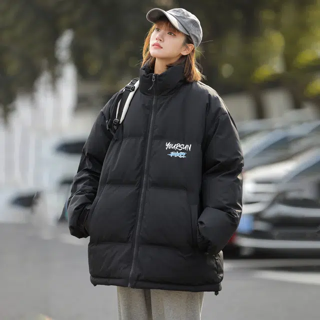 宜而爽 美式高街复古潮流学院风仿刺绣卡通图案字母印花宽松运动加厚防寒保暖立领鸭绒外套日常通勤休闲百搭户外轻薄羽绒服 男女同款