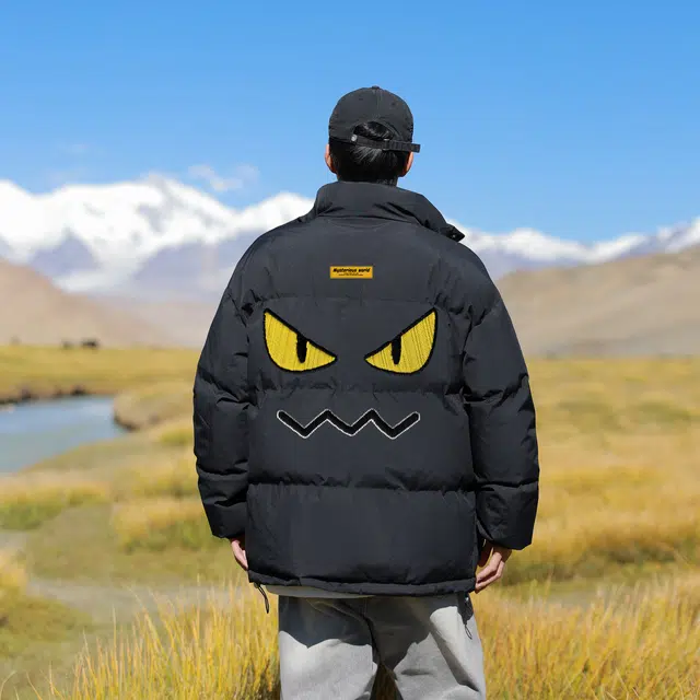 宜而爽 美式街头复古潮流仿刺绣卡通恶魔笑脸图案贴标字母印花宽松休闲运动加厚保暖立领防风棉衣面包服外套日常通勤百搭棉服 男女同款