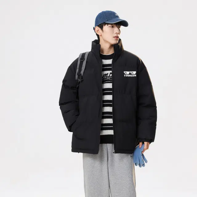 宜而爽 美式街头复古潮流创意墨迹图案字母印花山系户外基础款户立领防风防寒宽松休闲运动百搭舒适加厚保暖面包棉服外套 男女同款