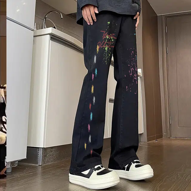 宜而爽 美式高街复古创意手绘笔刷泼墨字母印花水洗做旧高级感中腰显高显瘦直筒休闲长裤通勤宽松垂感直筒阔腿微喇牛仔裤 男女同款