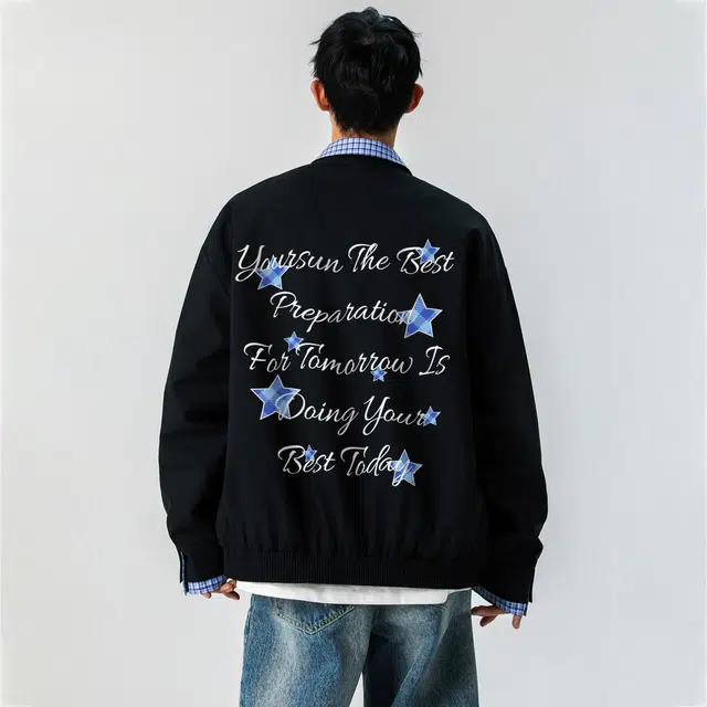 宜而爽 美式复古高街户外运动设计感格纹星星字母印花宽松休闲百搭舒适日常通勤格子拼接撞色可拆卸翻领工装飞行员夹克外套 男女同款