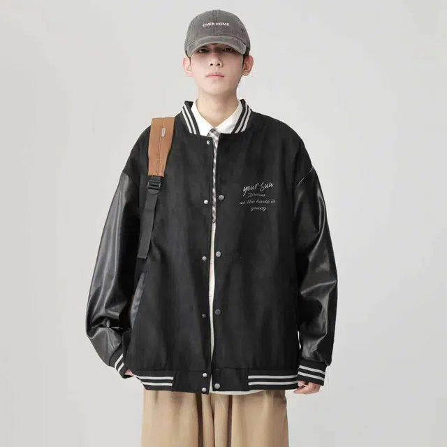 宜而爽  美式复古街头潮流手绘涂鸦玫瑰字母印花宽松休闲舒适百搭日常通勤运动麂皮绒单排扣落肩长袖棒球服 男女同款