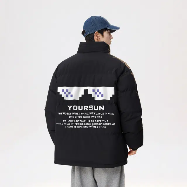 宜而爽 美式街头复古潮流创意墨迹图案字母印花山系户外基础款户立领防风防寒宽松休闲运动百搭舒适加厚保暖面包棉服外套 男女同款