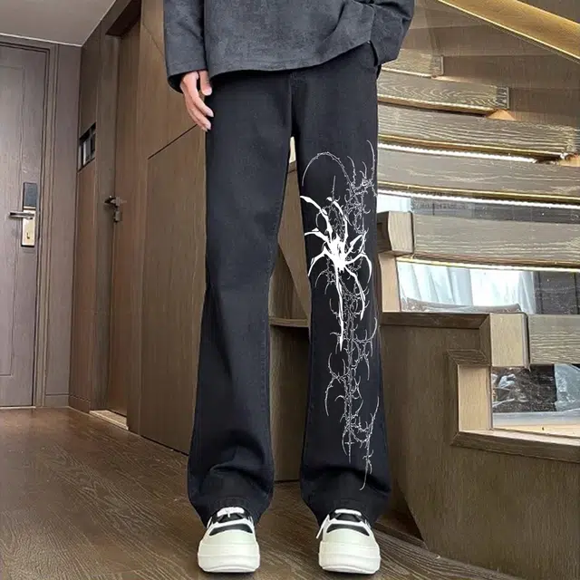 宜而爽 美式复古高街潮流蜘蛛荆棘藤蔓图案印花水洗做旧高级感中腰显高显瘦直筒休闲长裤通勤宽松垂感阔腿微喇弯刀牛仔裤 男女同款