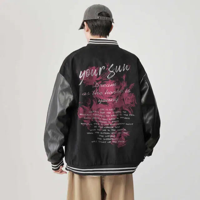 宜而爽  美式复古街头潮流手绘涂鸦玫瑰字母印花宽松休闲舒适百搭日常通勤运动麂皮绒单排扣落肩长袖棒球服 男女同款