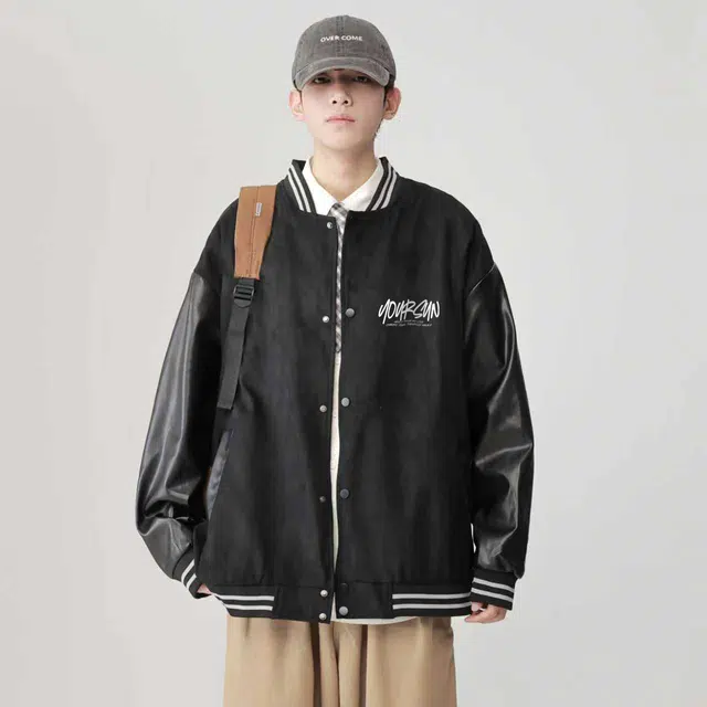 宜而爽  美式高街创意闪电水晶十字剑图案字母印花宽松休闲舒适百搭日常通勤运动麂皮绒单排扣落肩长袖棒球服 男女同款