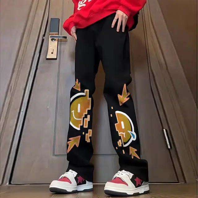 宜而爽 美式高街复古潮流创意涂鸦闪电笑脸图案印花水洗做旧高级感中腰显高显瘦直筒休闲长裤通勤宽松垂感阔腿微喇弯刀牛仔裤 男女同款