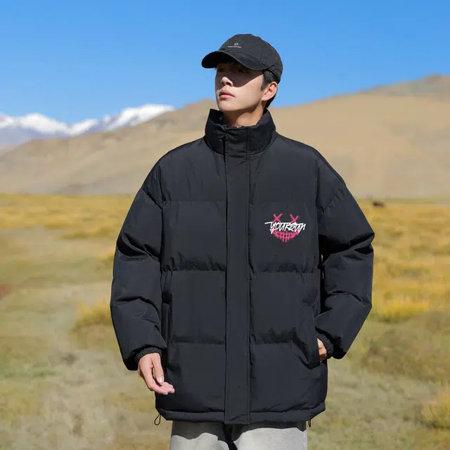 宜而爽 美式高街复古户外运动创意荧光线条恶魔笑脸图案字母印花宽松休闲加厚保暖立领防风棉衣面包服外套日常通勤百搭棉服 男女同款