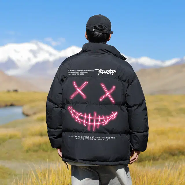 宜而爽 美式高街复古户外运动创意荧光线条恶魔笑脸图案字母印花宽松休闲加厚保暖立领防风棉衣面包服外套日常通勤百搭棉服 男女同款