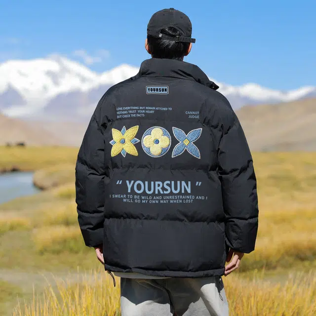 宜而爽 美式高街复古学院风仿刺绣花卉图案字母印花宽松休闲运动加厚保暖立领防风棉衣面包服外套日常通勤百搭棉服 男女同款