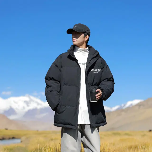 宜而爽 美式街头复古潮流基础款简约手绘字母印花高级感设计宽松休闲运动加厚保暖立领防风棉衣面包服外套日常通勤百搭棉服 男女同款