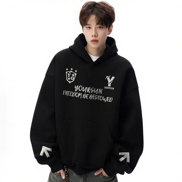 宜而爽 美式高街复古潮牌万针仿刺绣徽章箭头字母印花宽松休闲舒适柔软落肩长袖套头上衣日常通勤百搭连帽卫衣 男女同款