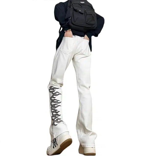 宜而爽 美式复古高街潮流嘻哈火焰图案印花水洗做旧废土风高级感中腰显高显瘦直筒休闲长裤通勤宽松垂感阔腿微喇弯刀牛仔裤 男女同款