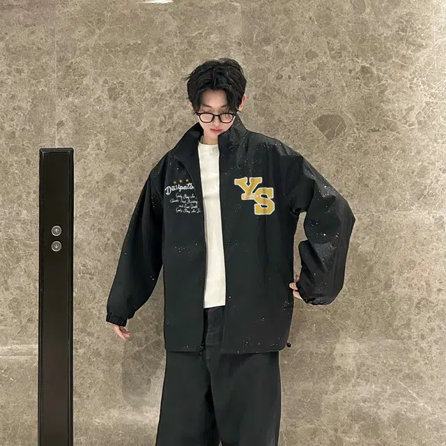 宜而爽 美式复古高街户外运动短款满天星两面穿基础简约字母印花宽松休闲百搭舒适通勤防风飞行员教练翻领夹克外套 男女同款