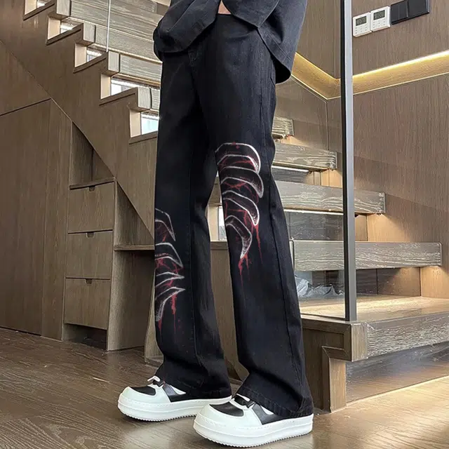 宜而爽 美式高街复古潮牌创意血爪图案印花水洗做旧废土风高级感中腰显高显瘦直筒休闲长裤通勤宽松垂感阔腿微喇弯刀牛仔裤 男女同款