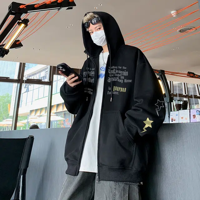 宜而爽 美式高街复古潮牌星星字母印花宽松舒适休闲抽绳落肩日常通勤百搭运动拉链长袖连帽开衫卫衣 男女同款