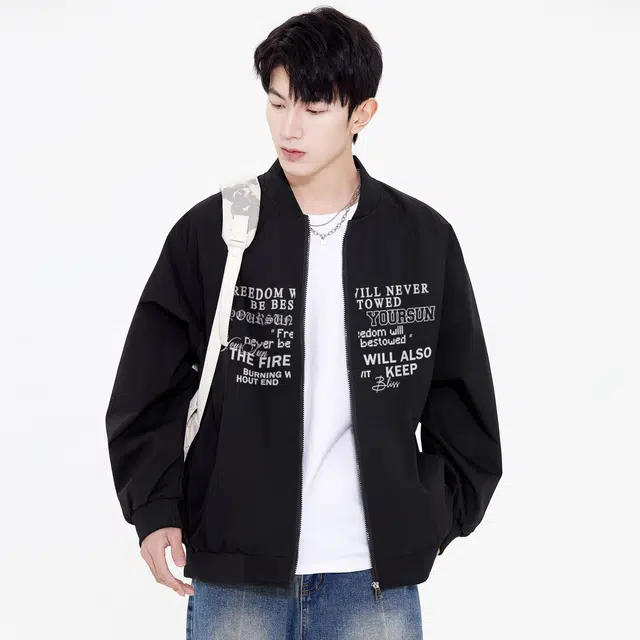 宜而爽 美式复古高街基础款简约纯色字母印花宽松休闲舒适百搭日常通勤运动落肩长袖棒球领飞行员教练夹克外套 男女同款