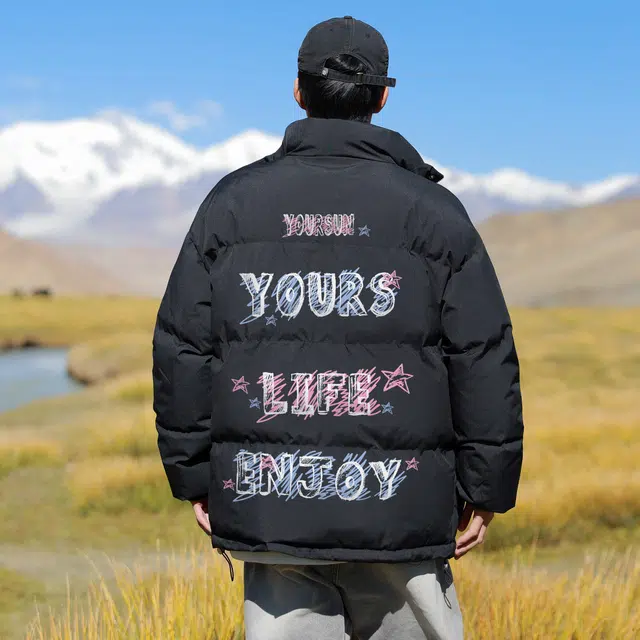 宜而爽 美式街头复古潮牌学院风手绘粉笔肌理字母印花宽松休闲运动加厚保暖立领防风棉衣面包服外套日常通勤百搭棉服 男女同款