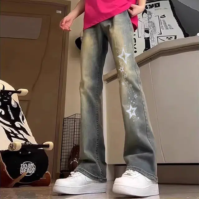 宜而爽 美式高街复古潮流时尚简约手绘星星水洗做旧废土风高级感窄版纯色中腰修身显高阔腿垂感微喇牛仔裤 男女同款