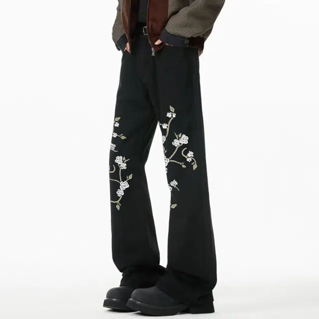 宜而爽 美式高街复古国潮仿刺绣玫瑰花卉图案印花水洗做旧高级感中腰显高显瘦直筒休闲长裤通勤宽松垂感阔腿微喇弯刀牛仔裤 男女同款