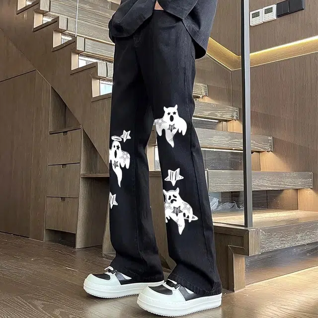 宜而爽 美式高街复古潮流创意星星幽灵图案印花水洗做旧高级感中腰显高显瘦直筒休闲长裤通勤宽松垂感阔腿微喇弯刀牛仔裤 男女同款