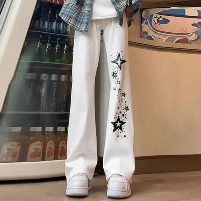 宜而爽 美式高街复古潮流时尚简约手绘星星水洗做旧废土风高级感窄版纯色中腰修身显高阔腿垂感微喇牛仔裤 男女同款