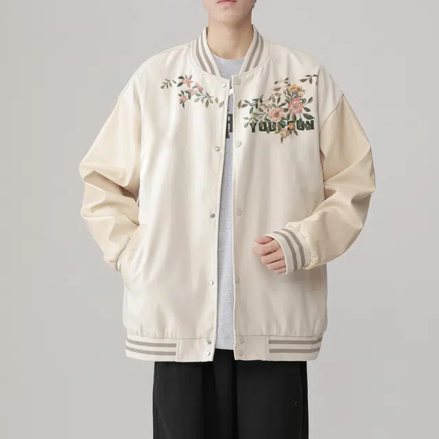 宜而爽  美式户外高街百搭简约复古仿刺绣花卉图案字母印花舒适日常通勤宽松休闲单排扣落肩长袖棒球服 男女同款