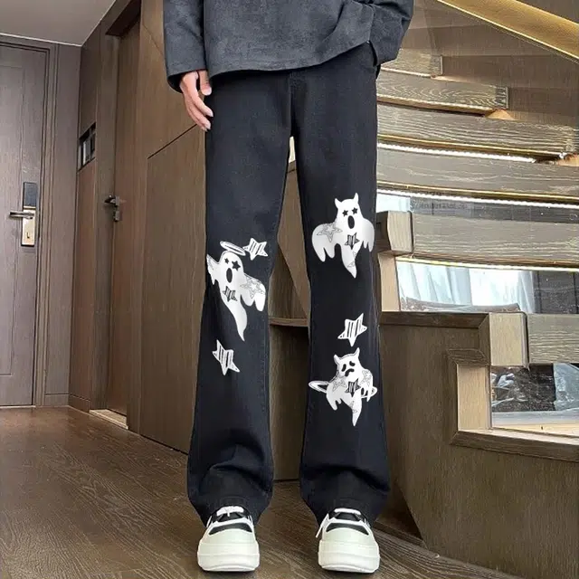 宜而爽 美式高街复古潮流创意星星幽灵图案印花水洗做旧高级感中腰显高显瘦直筒休闲长裤通勤宽松垂感阔腿微喇弯刀牛仔裤 男女同款