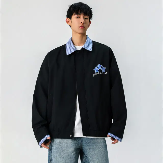 宜而爽 美式复古高街户外运动设计感格纹星星字母印花宽松休闲百搭舒适日常通勤格子拼接撞色可拆卸翻领工装飞行员夹克外套 男女同款