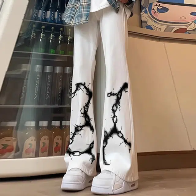 宜而爽 美式复古高街潮流嘻哈创意闪电铁链图案印花水洗做旧高级感中腰显高显瘦直筒休闲长裤通勤宽松垂感阔腿微喇弯刀牛仔裤 男女同款