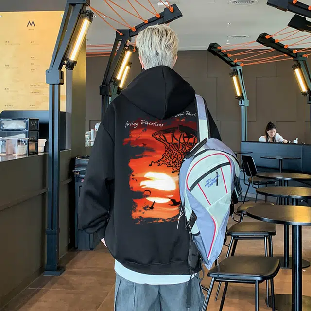 宜而爽 美式街头复古潮流篮球落日风景图案字母印花宽松舒适休闲抽绳落肩日常通勤百搭运动拉链长袖连帽开衫卫衣 男女同款