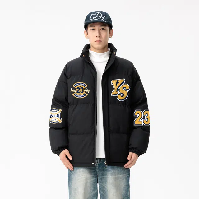 宜而爽 美式高街复古学院风创意徽章字母数字印花宽松休闲运动加厚保暖立领防风棉衣面包服外套日常通勤百搭棉服 男女同款